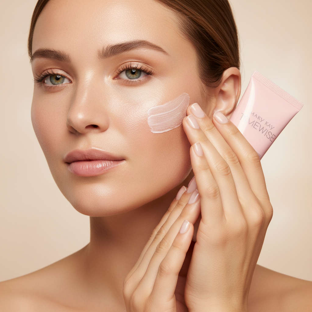 Close-up of woman massaging Mary Kay TimeWise Microdermabrasion Refine onto glowing face
