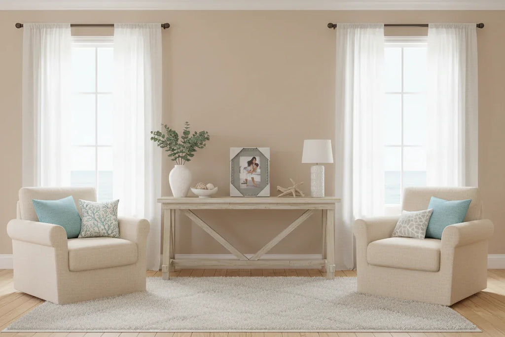 Coastal-inspired home decor aesthetic with decorative 4x6 grey beaded photo frame and light-toned furniture