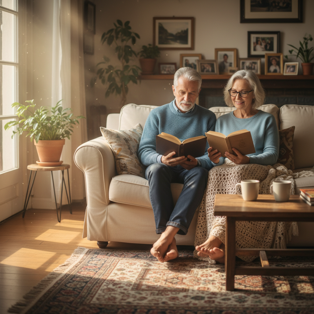 Older couple relaxing together on a couch reading in warm afternoon light at home