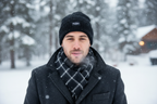 Man wearing Dockers black knit beanie and plaid scarf outdoors in winter setting – More4less Outlet