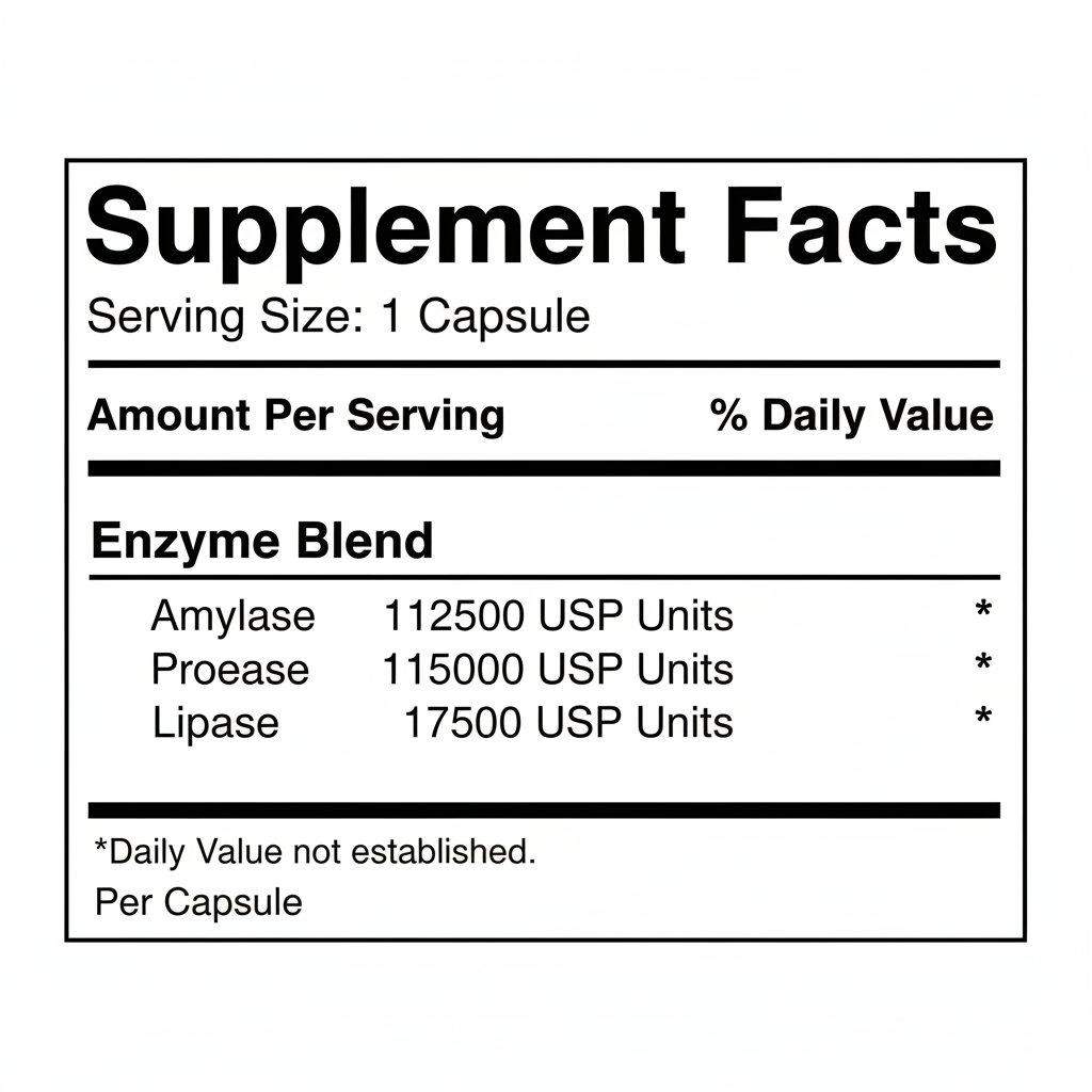 Supplement facts graphic showing Amylase 112500 USP Units, Protease 115000 USP Units, Lipase 17500 USP Units per capsule