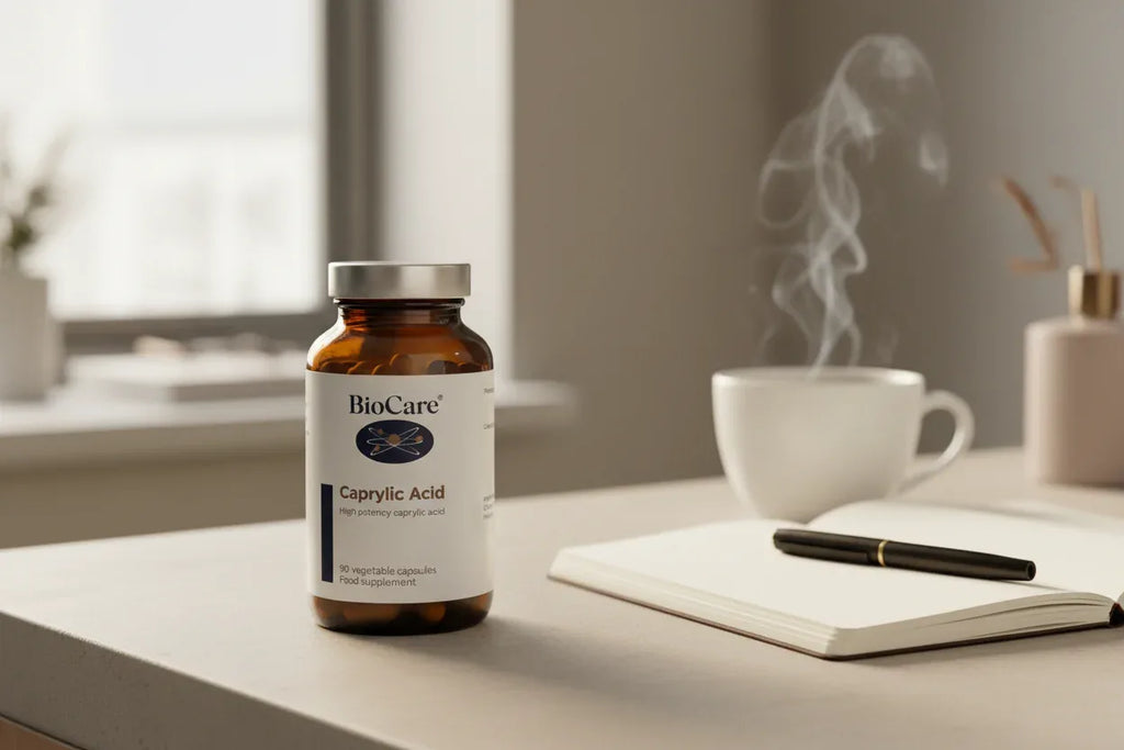 BioCare Caprylic Acid 90ct amber glass bottle on vanity with open notebook and herbal tea — daily nutrient supplement routine aesthetic
