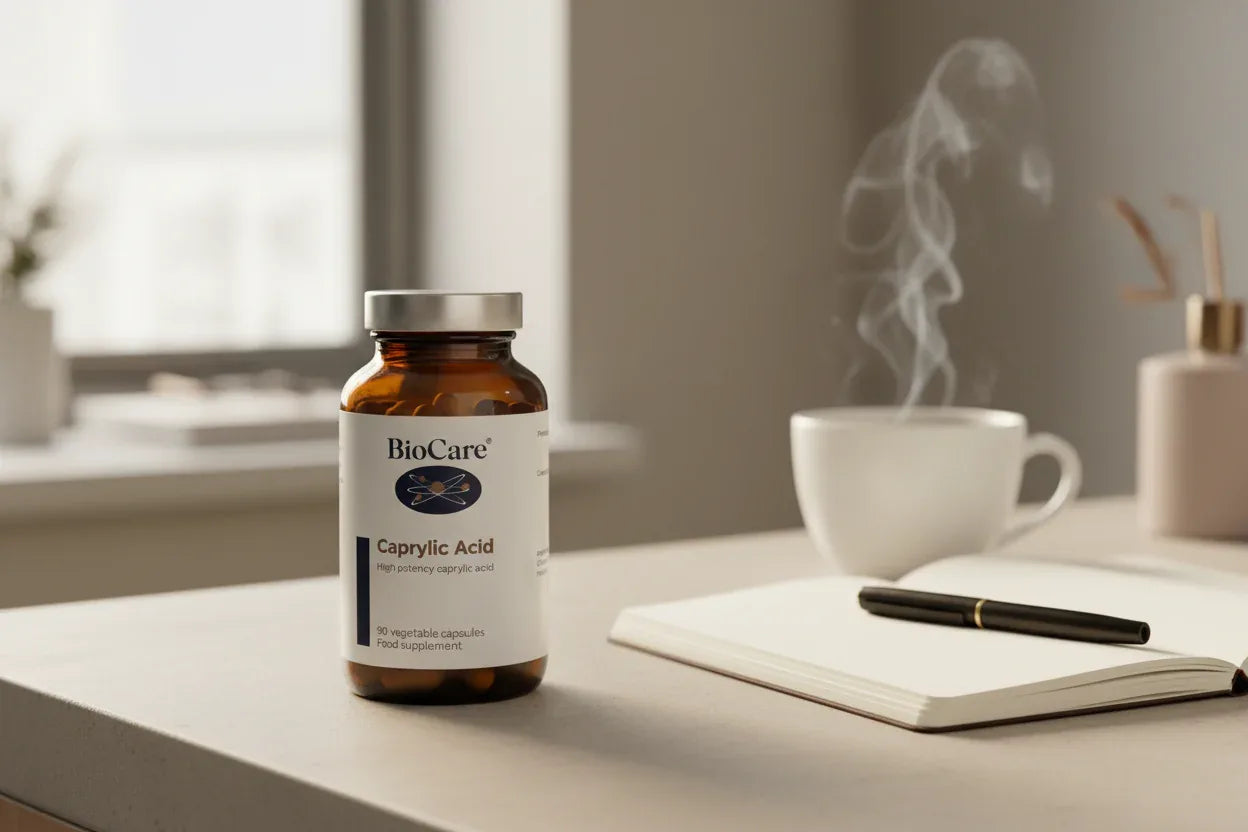 BioCare Caprylic Acid 90ct amber glass bottle on vanity with open notebook and herbal tea — daily nutrient supplement routine aesthetic