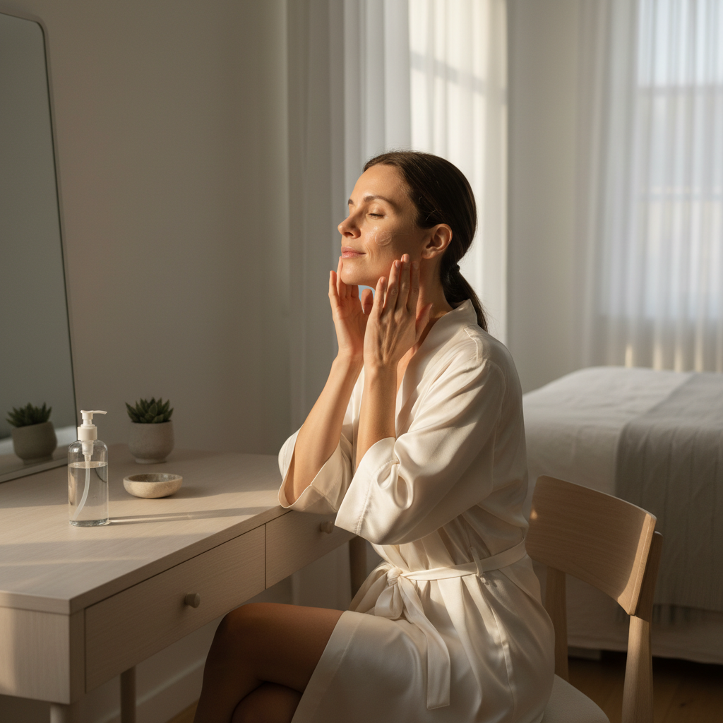 Woman at a vanity applying lightweight face lotion in soft morning light, relaxed confident expression
