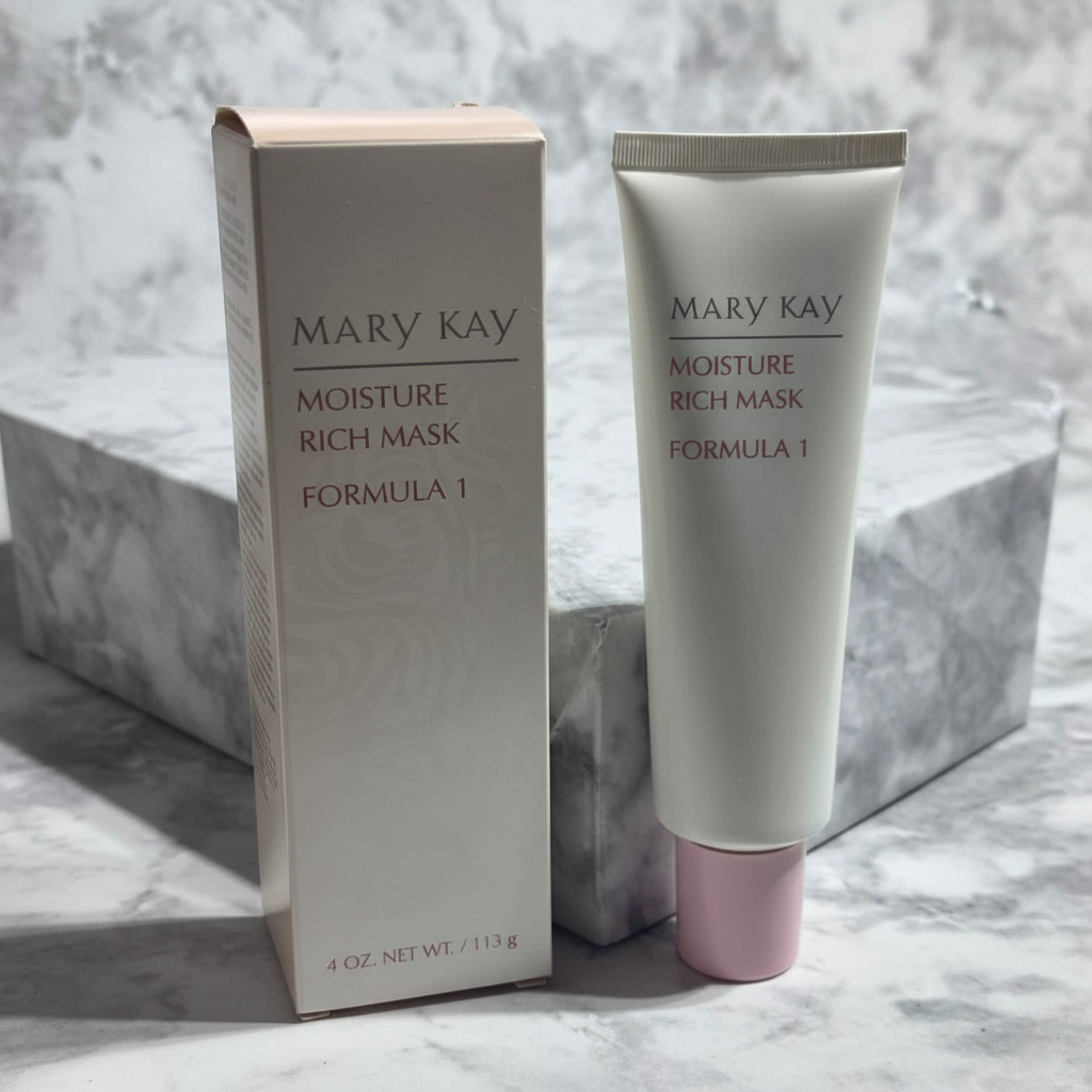 AI-generated contextual image of Mary Kay Moisture Rich Mask Formula 1 Cream Mask 4 oz at a gentle three-quarter angle