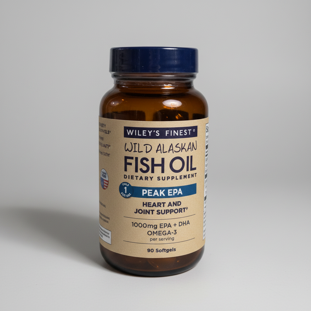 AI-generated contextual image of Wiley's Finest Peak EPA Wild Alaskan Fish Oil 90 Softgels at a gentle three-quarter angle