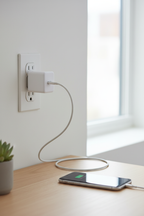 Apple 18W USB-C Power Adapter plugged into wall outlet beside desk with iPhone charging