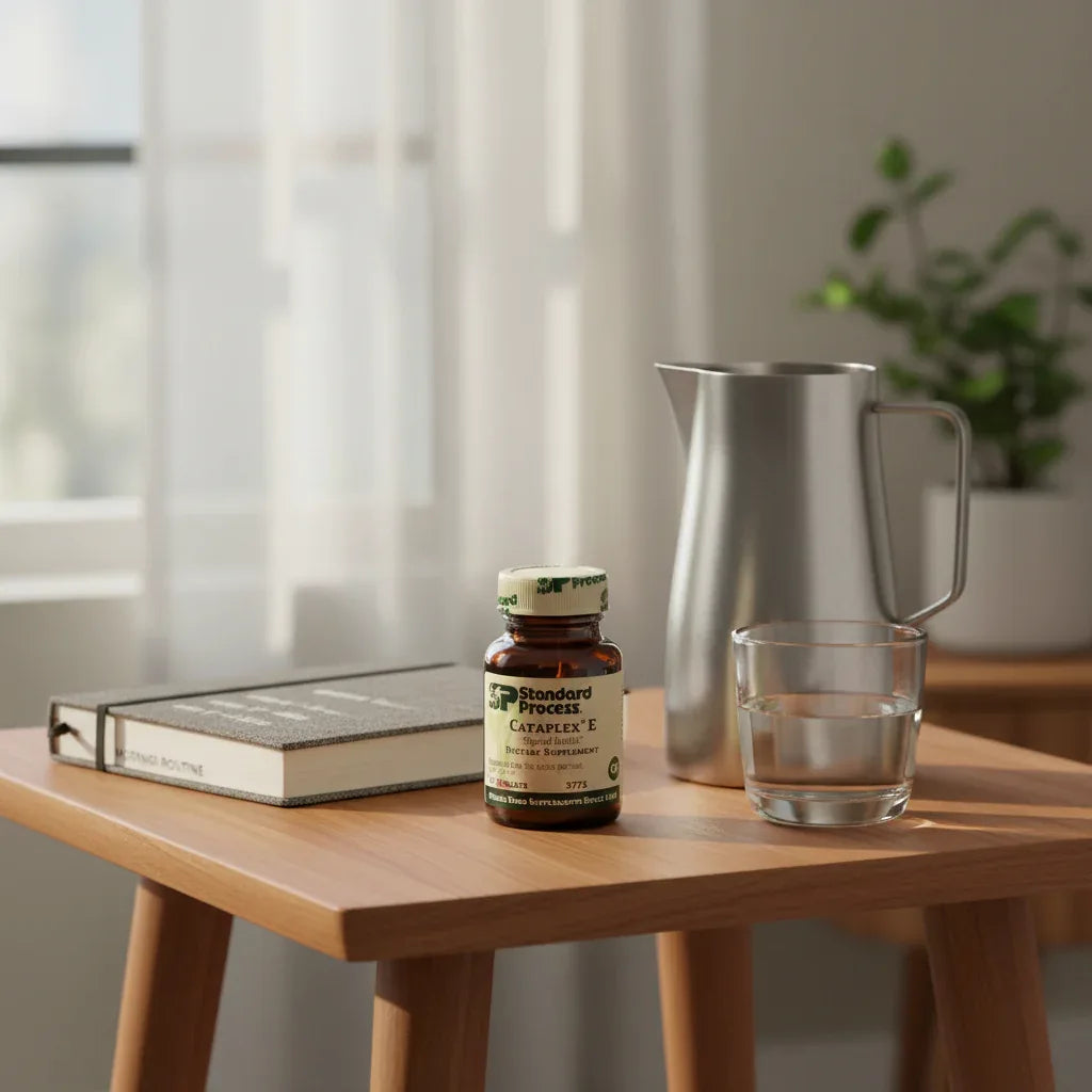Standard Process Cataplex E on teak-wood side table with morning health tracker and metal water pitcher