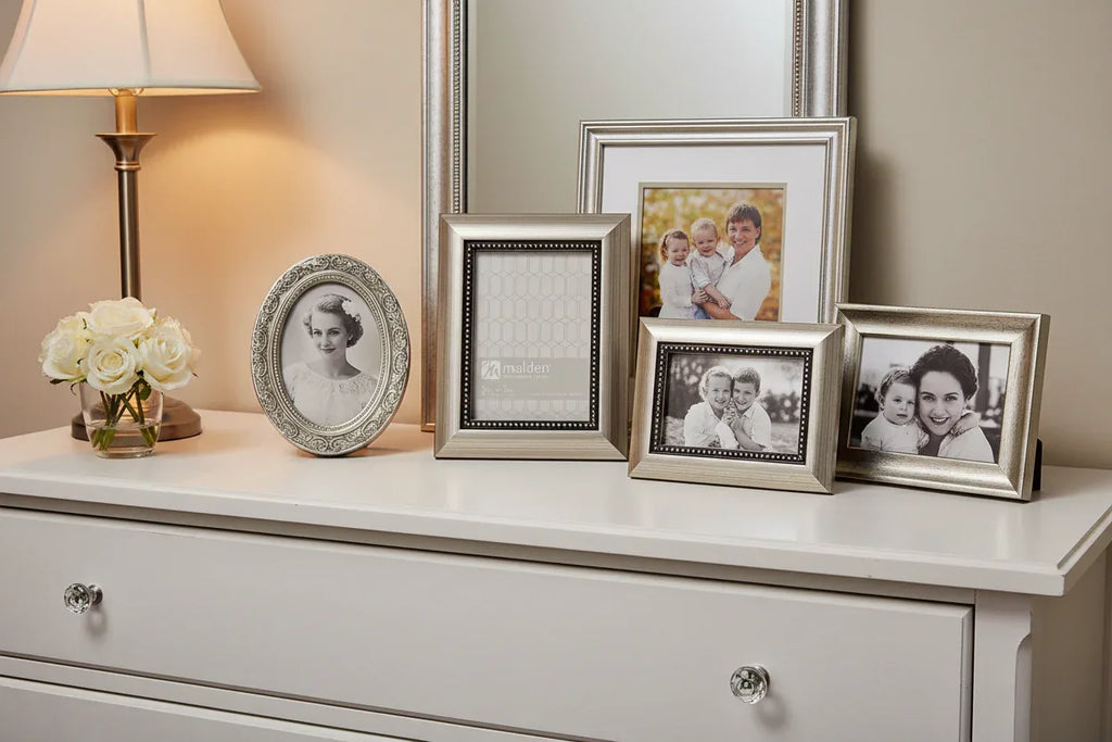 Classic vanity-style home decor featuring decorative metallic silver finish photo frames