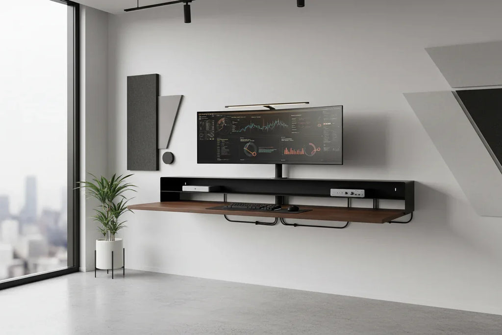 Professional workstation wall organization with a matte black AV media console for cable box management