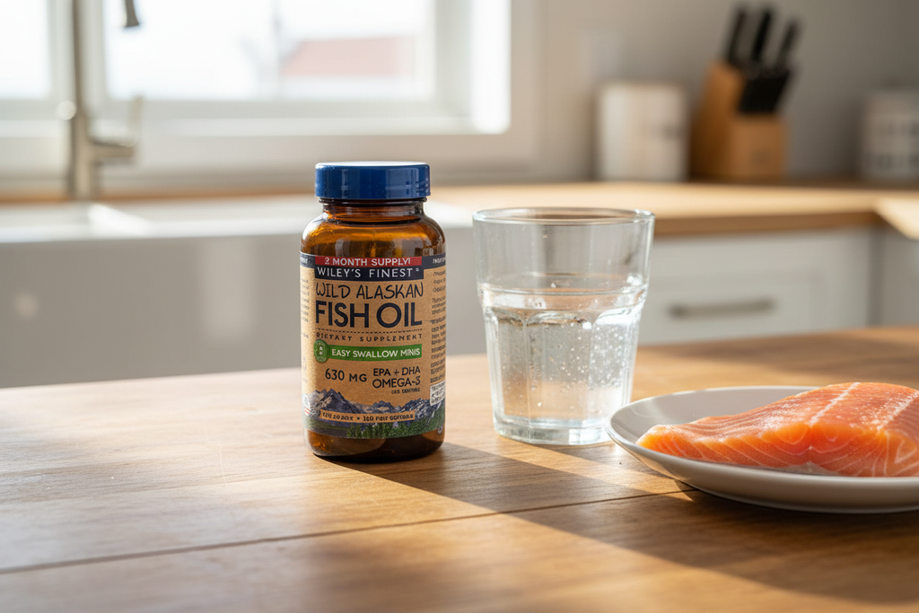Wiley's Finest Easy Swallow Minis fish oil bottle on rustic kitchen counter with salmon and water – More4less Outlet