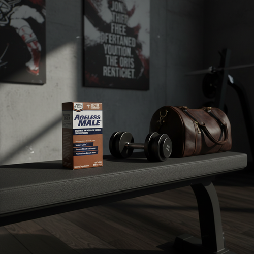 Ageless Male Testofen box on charcoal workout bench in modern home gym with black metal dumbbells and leather gym bag