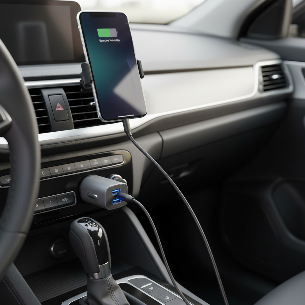 Case Logic Dual USB Car Charger plugged into car dashboard cigarette lighter port — lifestyle image — More4less Outlet