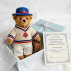 Paddington Bear vintage plush cricket outfit gift presentation with More4less Outlet Stuffed Friend Adoption Certificate white background premium - More4less Outlet