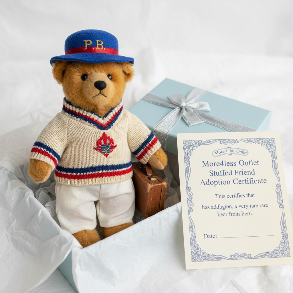 Paddington Bear vintage plush cricket outfit gift presentation with More4less Outlet Stuffed Friend Adoption Certificate white background premium - More4less Outlet
