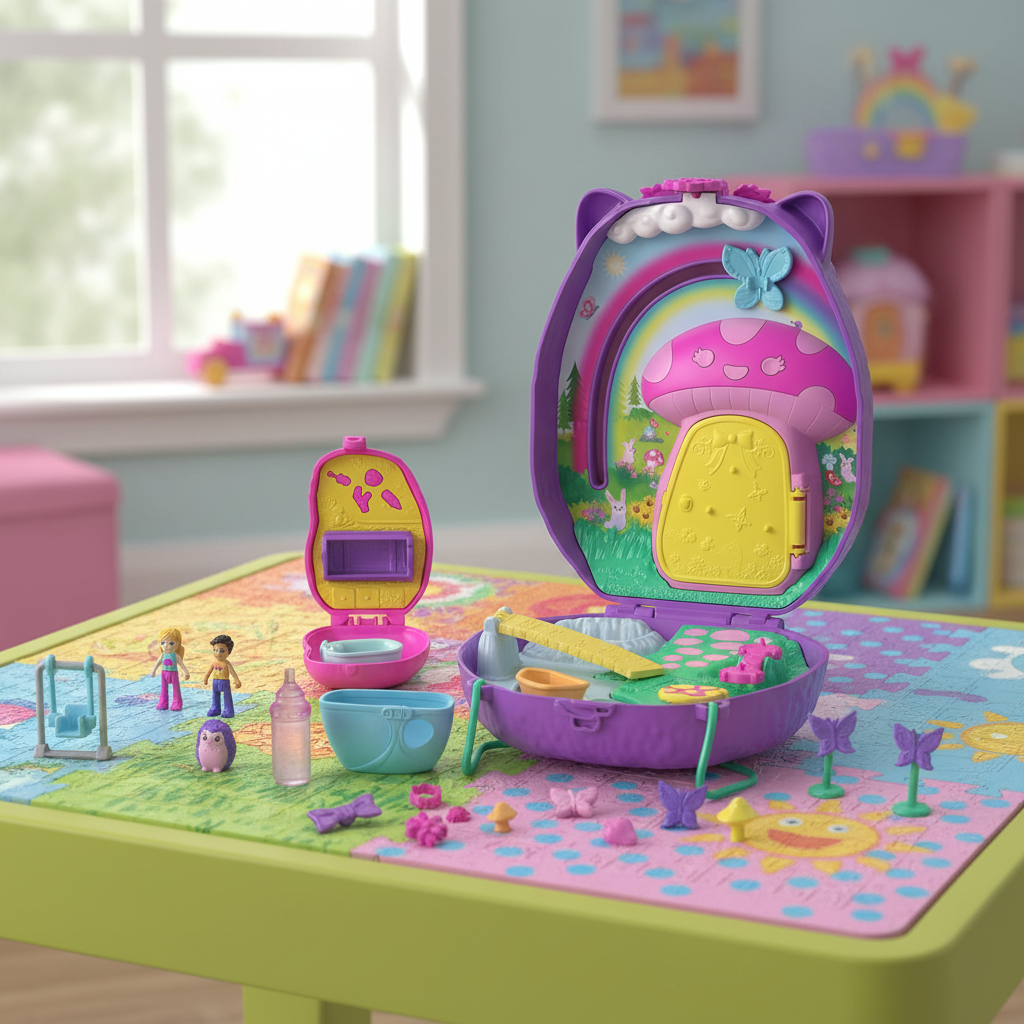 Polly Pocket Mom and Baby Hedgehog Purse Playset fully open on a child's colorful play table with micro dolls and all 16 accessories arranged around both compacts – More4less Outlet