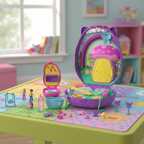 Polly Pocket Mom and Baby Hedgehog Purse Playset fully open on a child's colorful play table with micro dolls and all 16 accessories arranged around both compacts – More4less Outlet