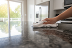 White microfiber cloth buffing a reflective dark granite countertop to a streak-free shine in bright natural daylight