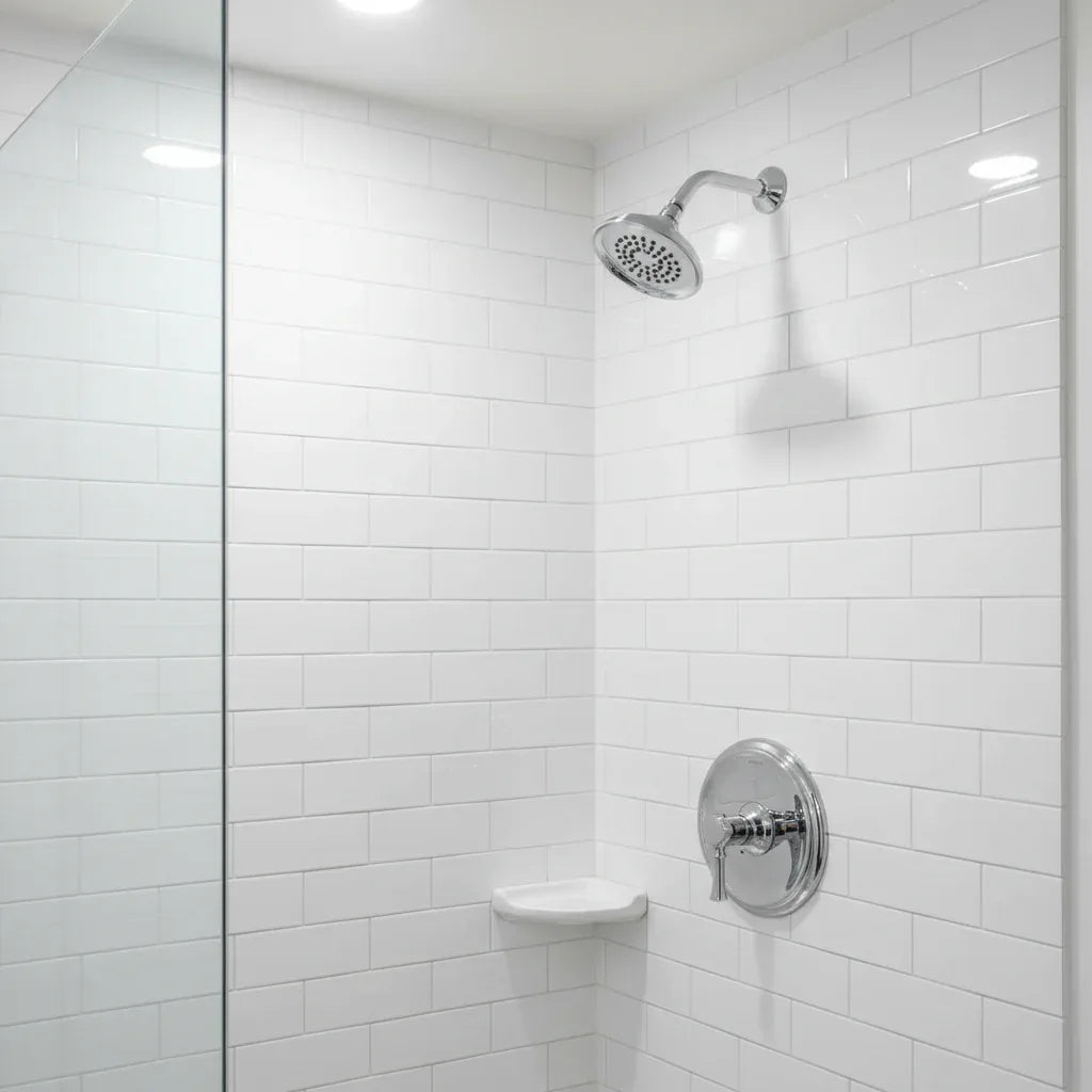 Moen Dartmoor chrome shower trim in minimalist bathroom renovation with subway tile lifestyle image