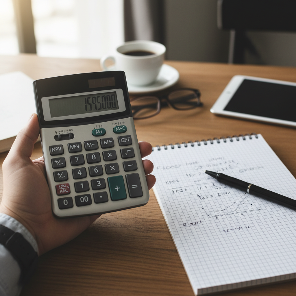 Handheld financial calculator grey black body on wooden desk next to notepad with financial calculations accounting professional workspace