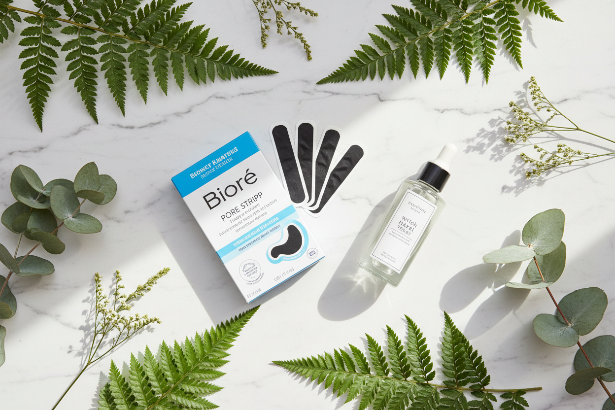 Bioré pore strips with witch hazel botanicals flat lay lifestyle photo