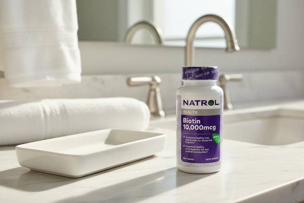 Natrol Biotin bottle on bathroom vanity countertop morning sunlight ceramic tray wellness lifestyle