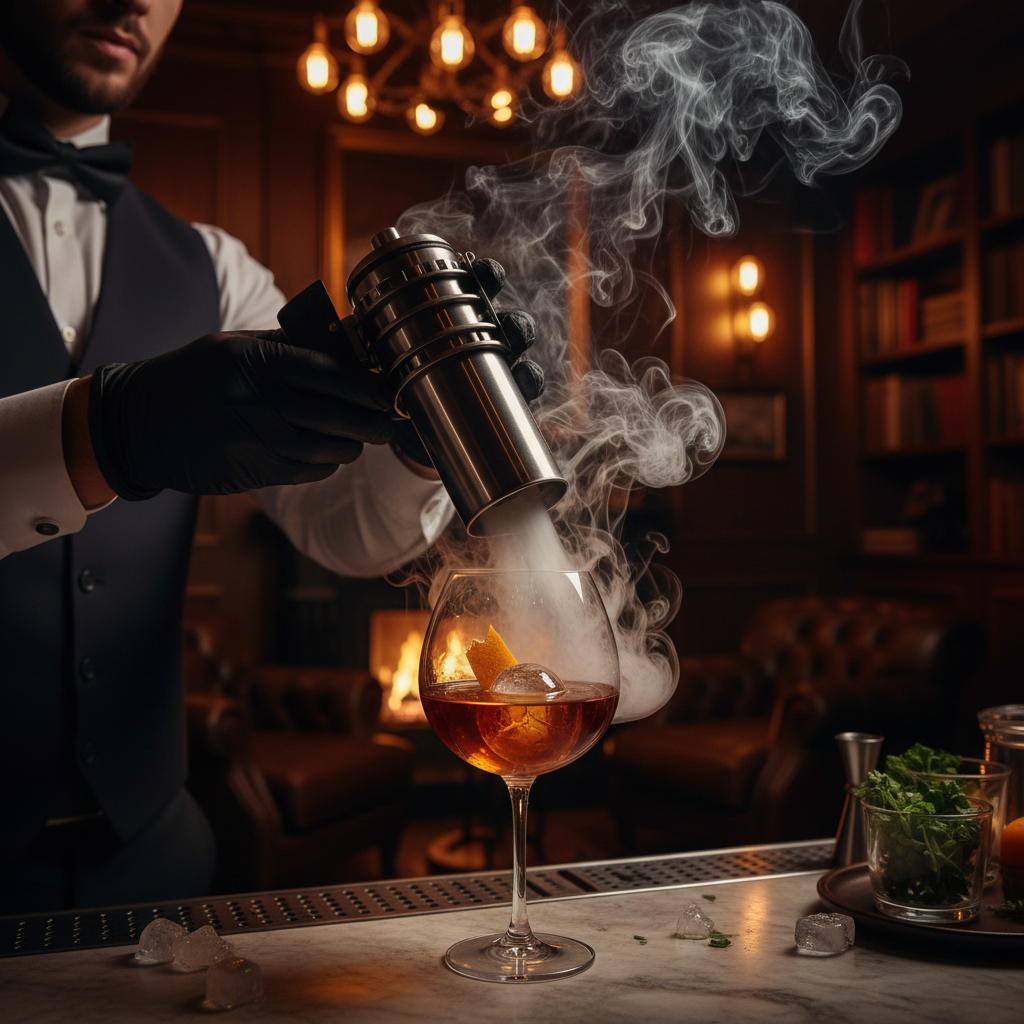 Artistic cocktail service in an elegant dark-lit den using a professional whiskey smoker kit