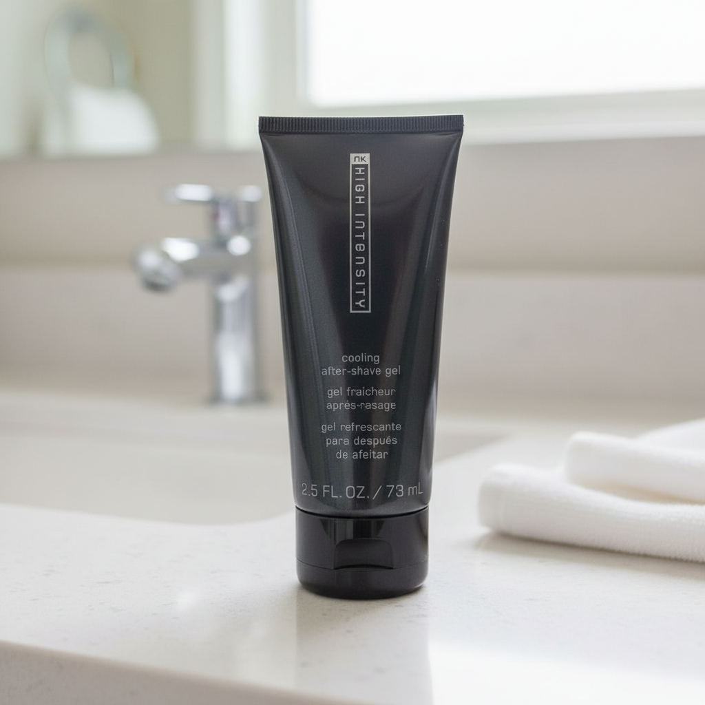 Mary Kay MK High Intensity Cooling After-Shave Gel 2.5 fl oz tube on a bathroom counter