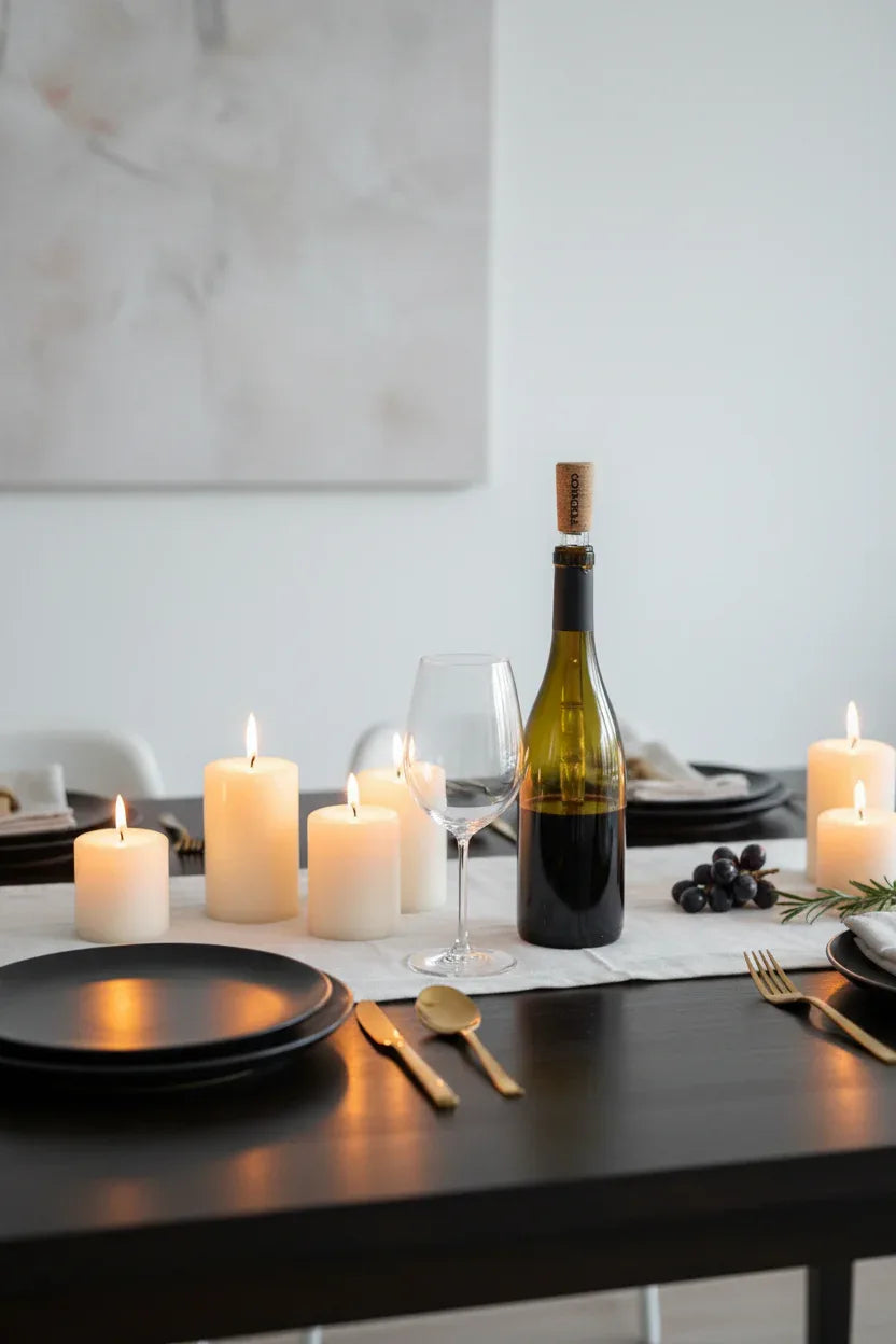 Corkcicle Air wine chiller aerator in wine bottle on modern minimalist dinner table, soft candlelight ambiance