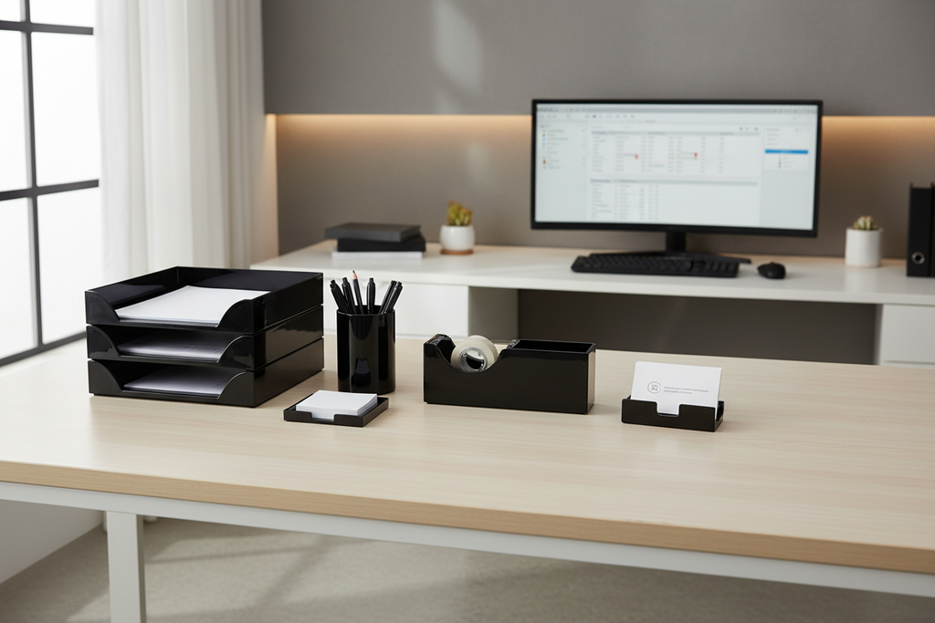 Officemate 5-piece black desk organizer set arranged on professional office workstation with letter tray and pencil cup