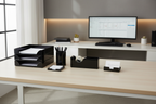 Officemate 5-piece black desk organizer set arranged on professional office workstation with letter tray and pencil cup
