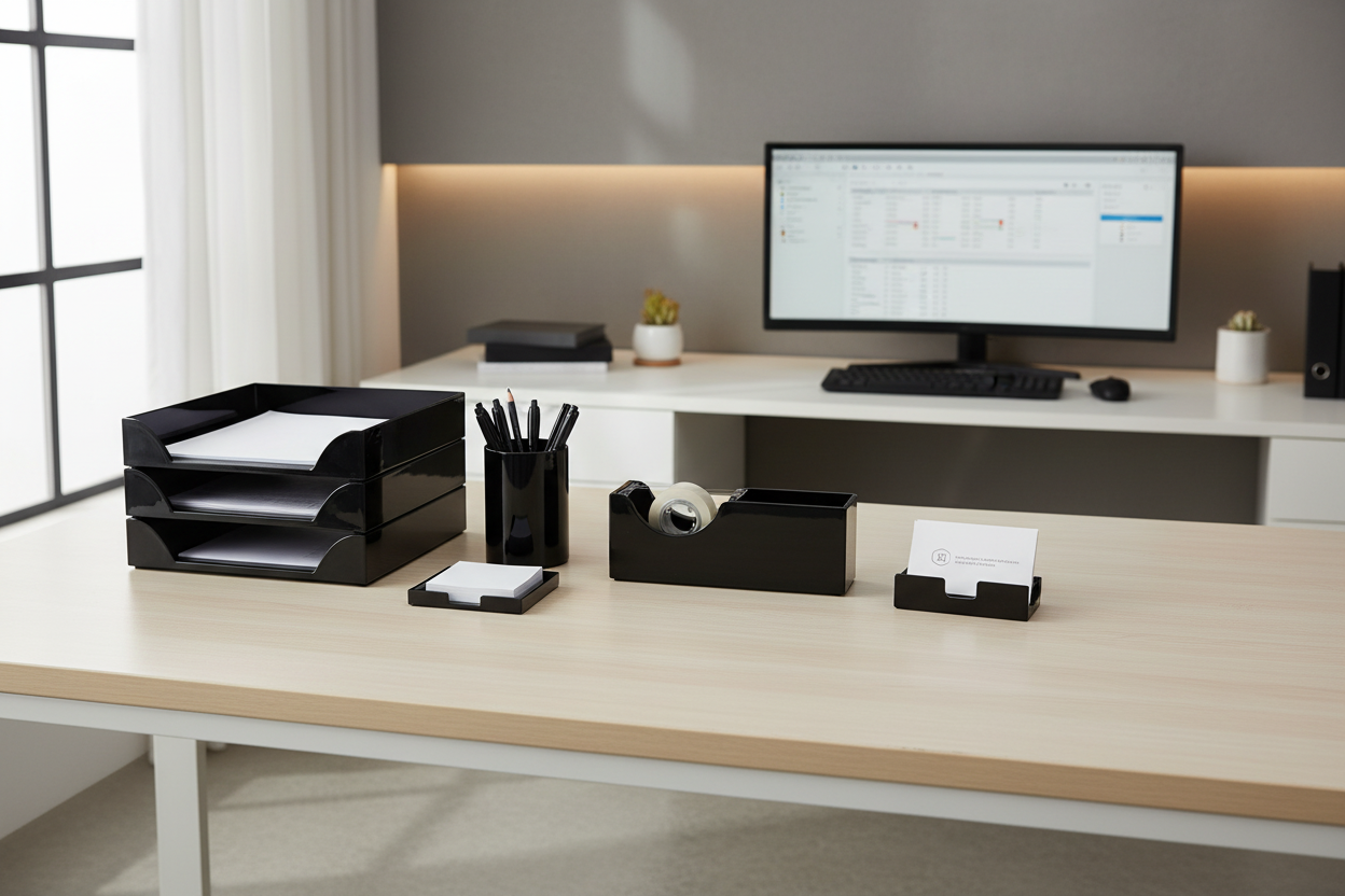 Officemate 5-piece black desk organizer set arranged on professional office workstation with letter tray and pencil cup