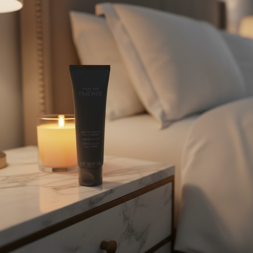Mary Kay TimeWise Age Minimize 3D Night Cream on marble nightstand with candlelight luxury bedroom skincare routine – More4less Outlet