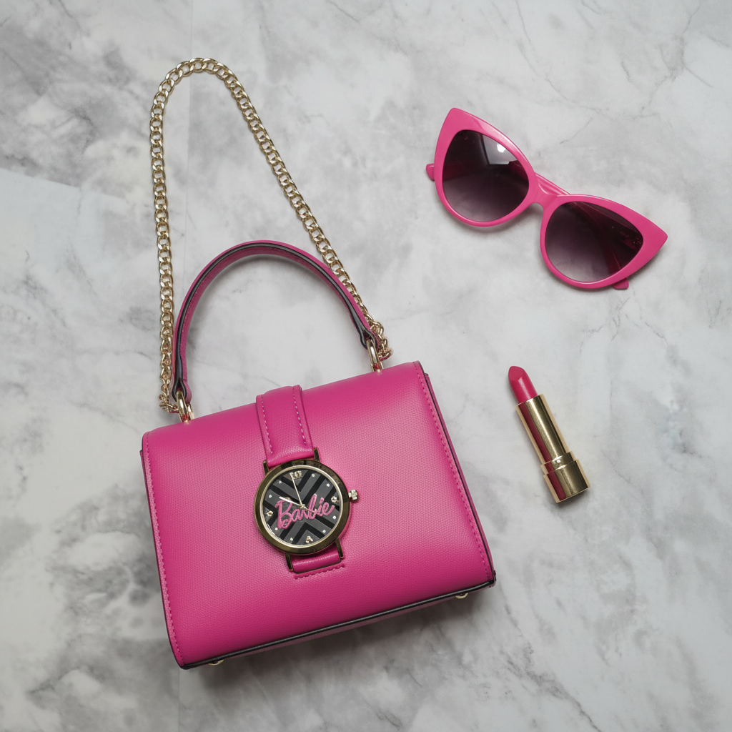Flat-lay of pink handbag, sunglasses, lipstick, and Barbie gold-tone watch with pink strap on marble
