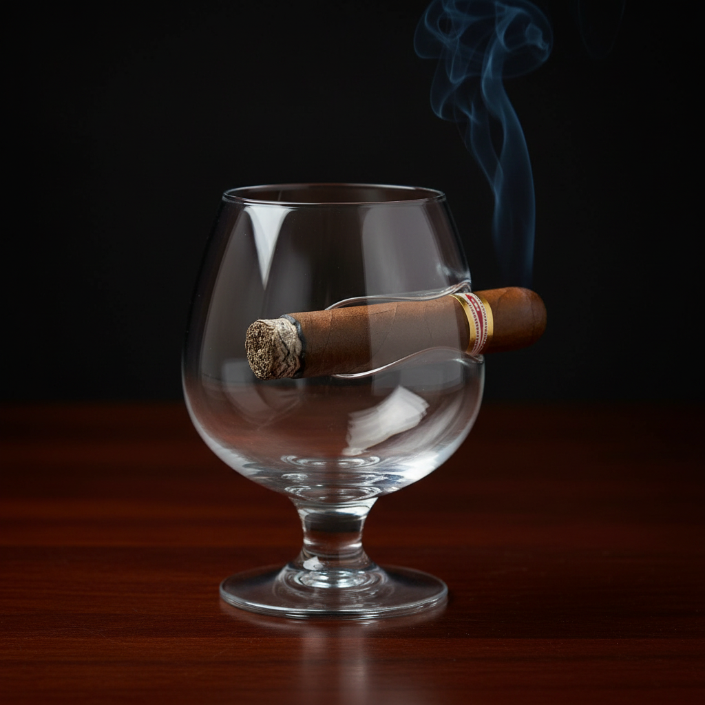 Lit cigar resting on hand blown crystal whiskey glass with integrated cigar rest – More4less Outlet