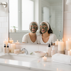 Two young women friends doing face masks together at a bathroom vanity laughing and enjoying a spa night in