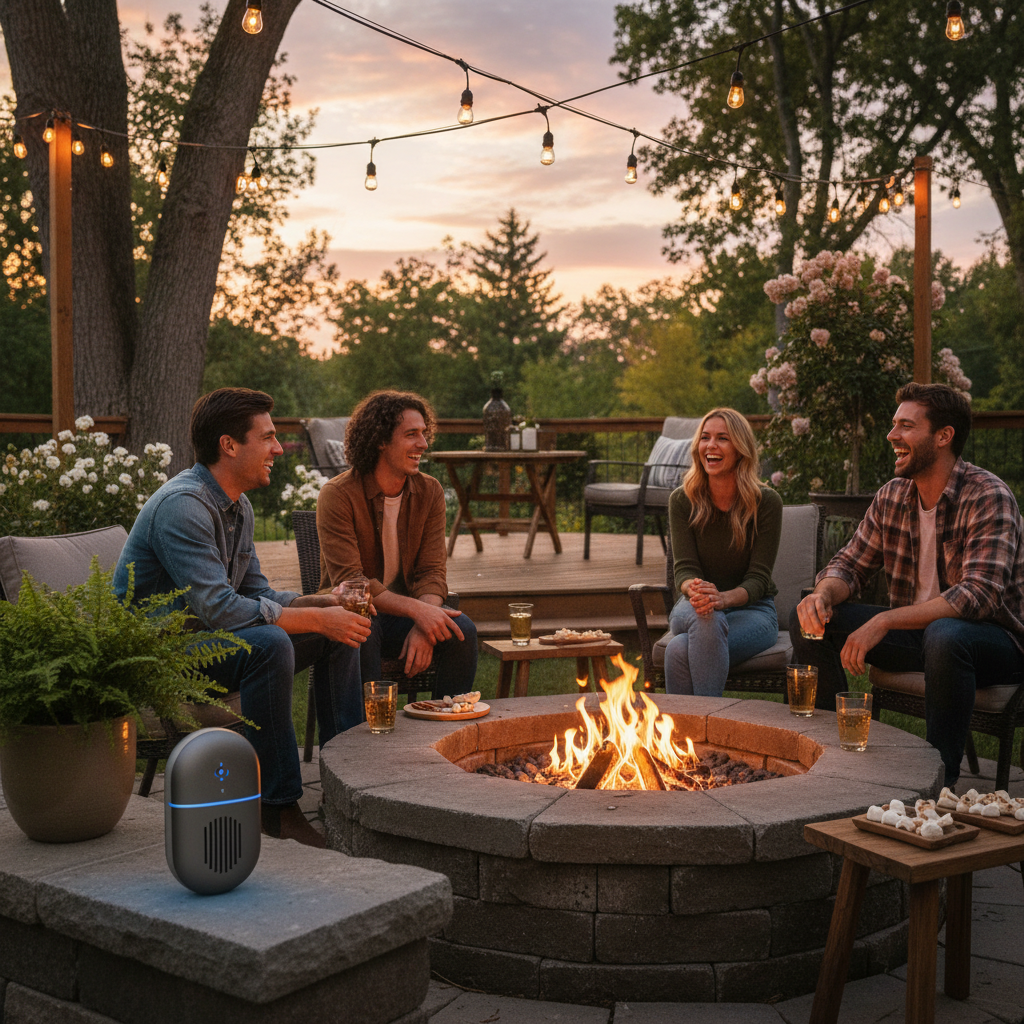 Friends gathered around backyard fire pit with Thermacell rechargeable repeller on stone ledge under string patio lights