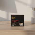 AI-generated contextual image of GNC Mega Men Performance & Vitality Vitapak Program 30-pack box on a neutral desk surface