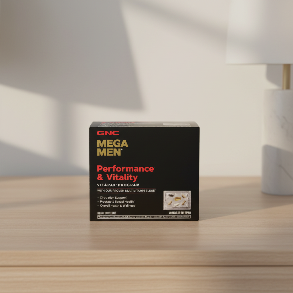 AI-generated contextual image of GNC Mega Men Performance & Vitality Vitapak Program 30-pack box on a neutral desk surface