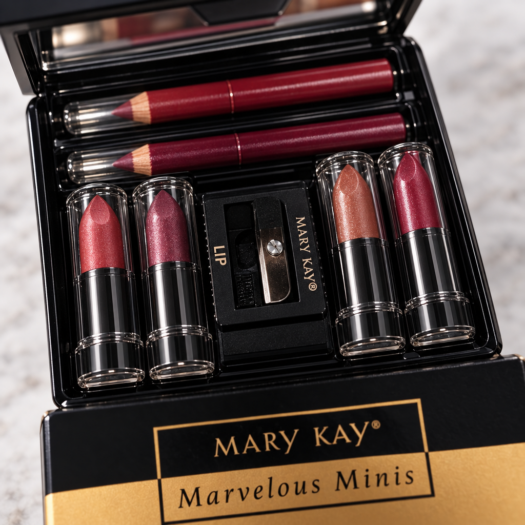 Close-up of the lipstick shades and lip liner pencils in the Mary Kay Marvelous Minis Cool compact