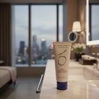 ZO Skin Health Offects Hydrating Cleanser on luxury hotel bathroom vanity with city skyline view