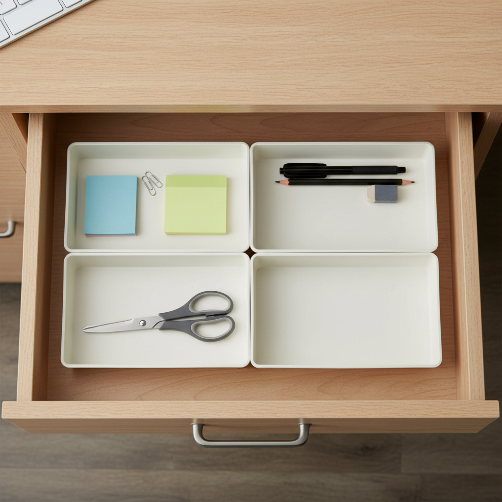 AI-generated illustrative desk-drawer context showing four organizers; not the actual stocked item.