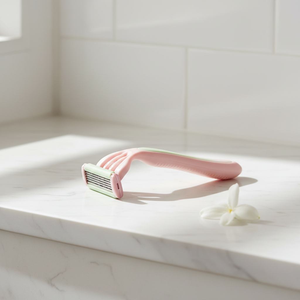 Women's razor resting on a minimalist white marble bathroom ledge with soft morning light