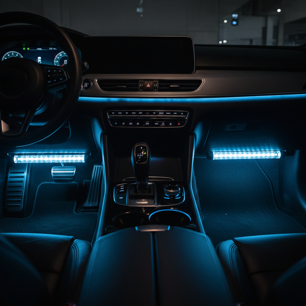 Custom Accessories crystal LED light bars installed under dashboard car interior glowing blue ambient footwell accent lighting night automotive - More4less Outlet