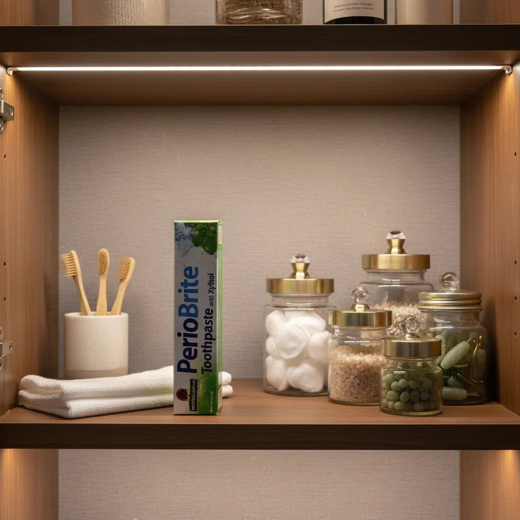Nature's Answer PerioBrite Coolmint Toothpaste 3-Pack inside organized luxury medicine cabinet with soft lighting and apothecary wellness jars