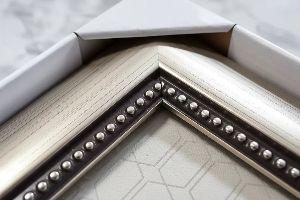 Close-up macro of beaded trim detail and high-shine silver metallic frame surfacing