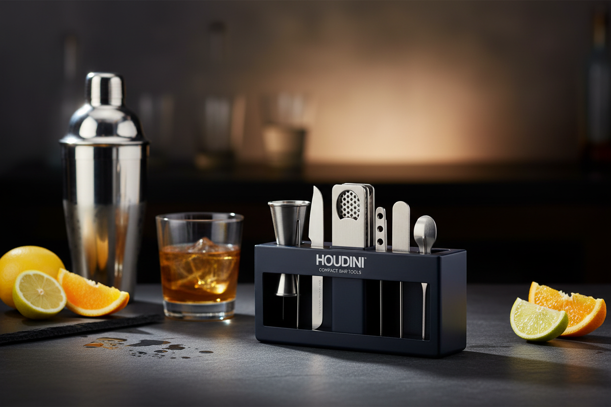 Houdini Compact 6-Piece Bar Tool Set all tools fanned out on dark slate bar with cocktail - More4less Outlet