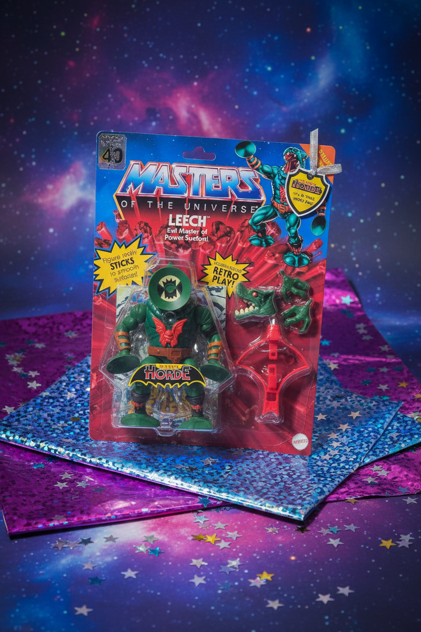 Retro 80s Masters of the Universe action figure in blister card gift display with cosmic fantasy lighting — More4less Outlet