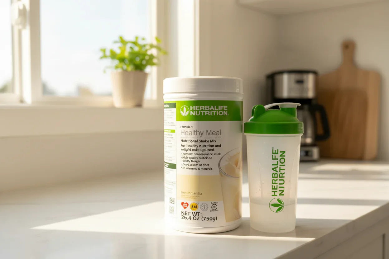 Herbalife Formula 1 French Vanilla canister on a clean morning kitchen counter with natural sunlight and shaker bottle