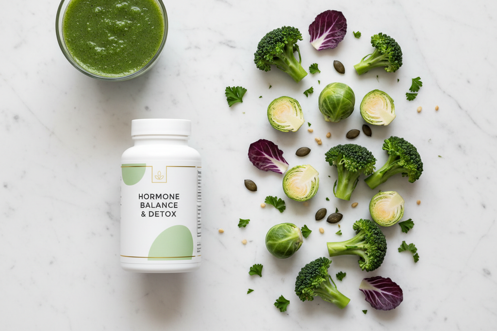 Top-down flat lay of supplement bottle next to fresh broccoli and Brussels sprouts on marble, hormone balance and detox wellness